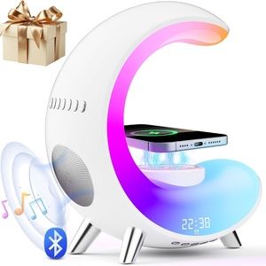 Desk Lamp with Wireless Charger, Table Lamp with Bluetooth Speaker Alarm Clock,